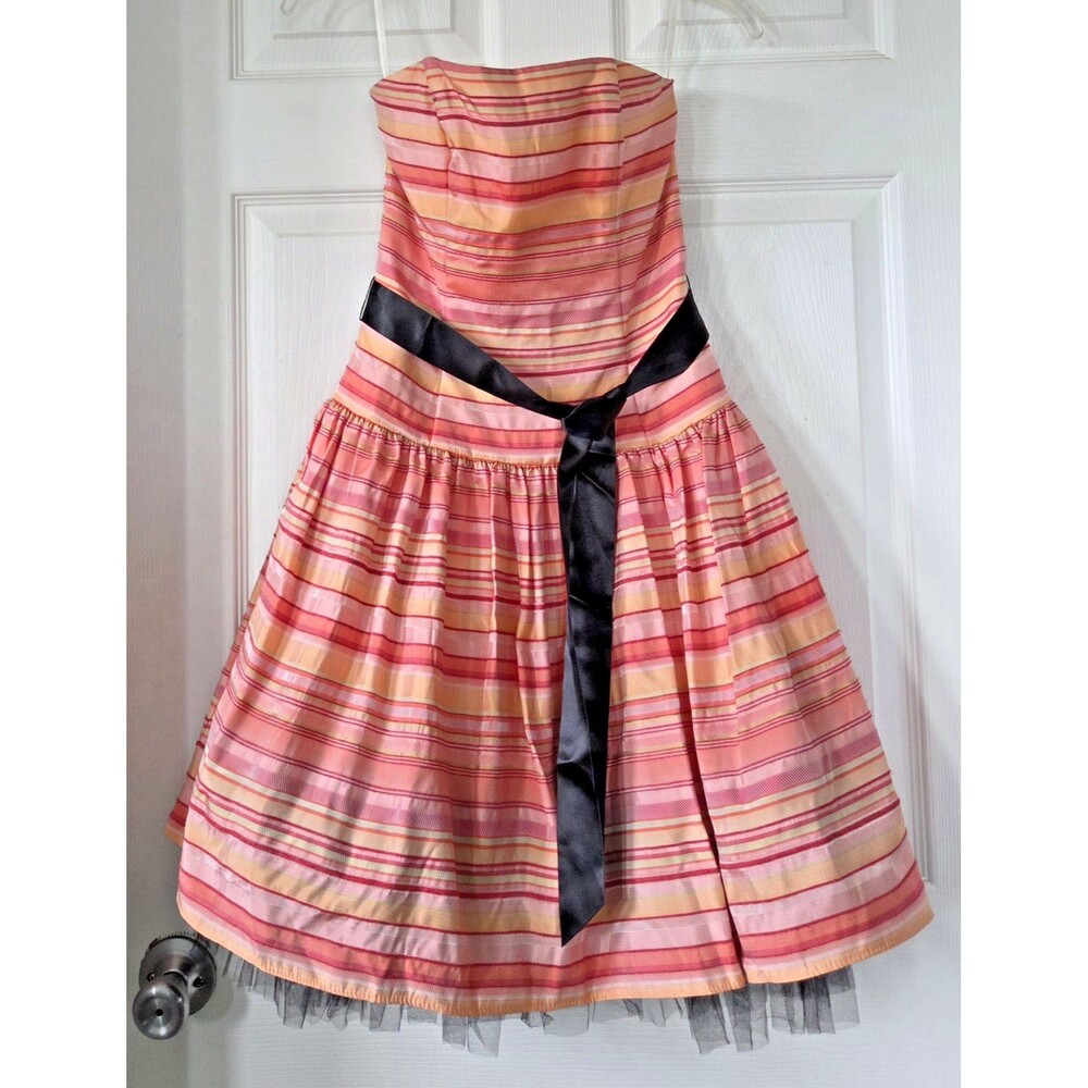Vintage Jessica McClintock Orange Striped Taffeta Strapless Dress Prom Size 4